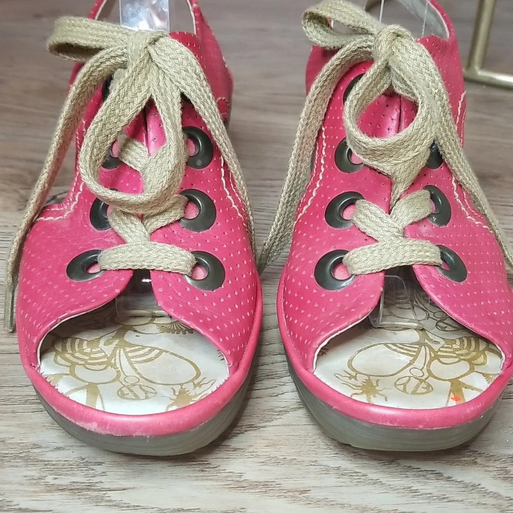 Fly London Luna Wedge Heel Red Open Toe Red Lace Up Sandals - Picture 2 of 14